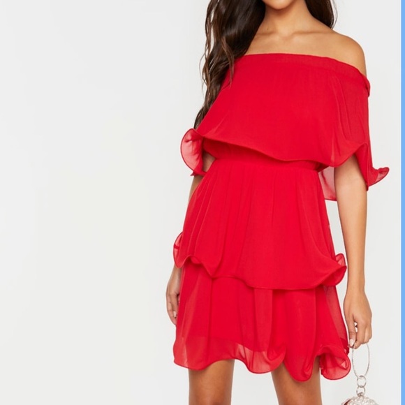 chiffon bardot ruffle tiered dress